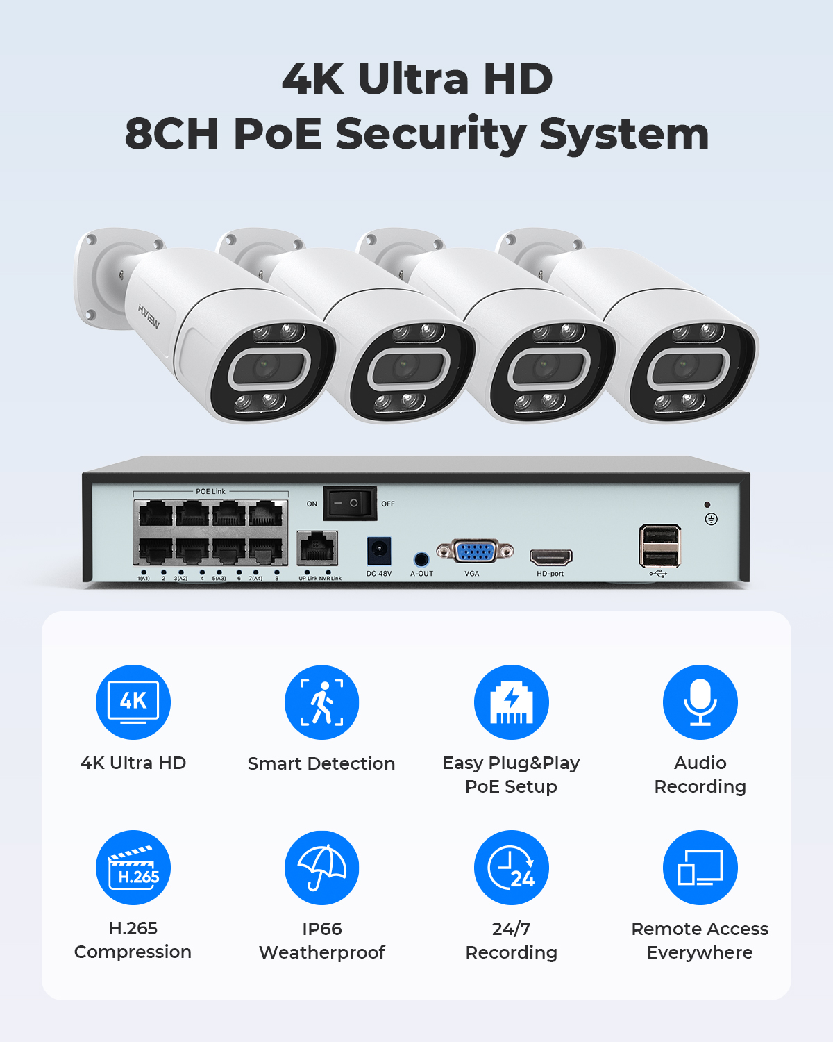 H.View 4K 5Мп 8Мп PoE система  – обзор и цена Home Security Outdoor Cameras